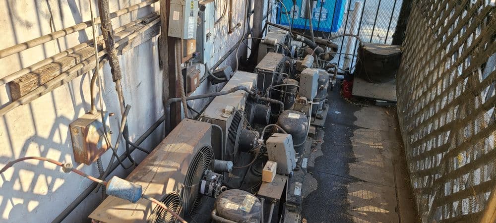 Industrial refrigeration units lined against a wall, showing various compressors and wiring.