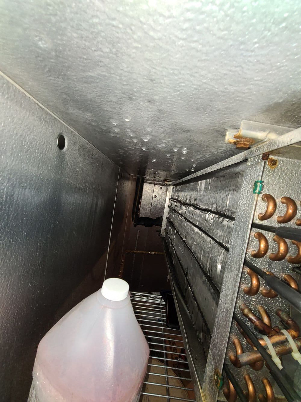 View inside a commercial refrigerator showing condensation and refrigeration coils.